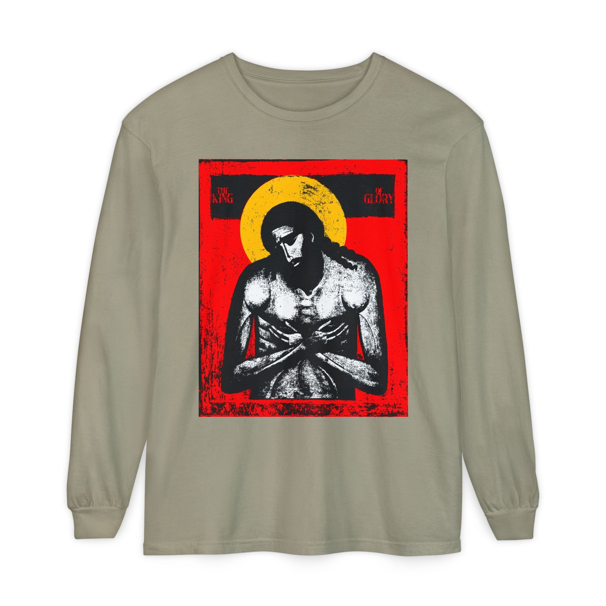 The King of Glory Jesus Christ "Extreme Humility" IconoGraphic long sleeve in Sandstone features a somber figure with a yellow halo and red background, inspired by Isaiah 53 and Christ's humility.