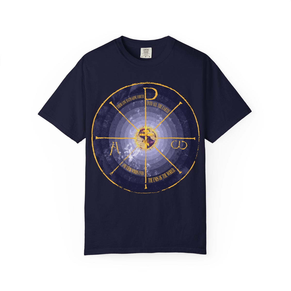 True navy Geocentric Cross & Chi Rho t-shirt featuring a blue and yellow medieval-style circular graphic with arcane text, subtle Alpha & Omega references, and Orthodox Christian symbolism; heavyweight cotton unisex tee.
