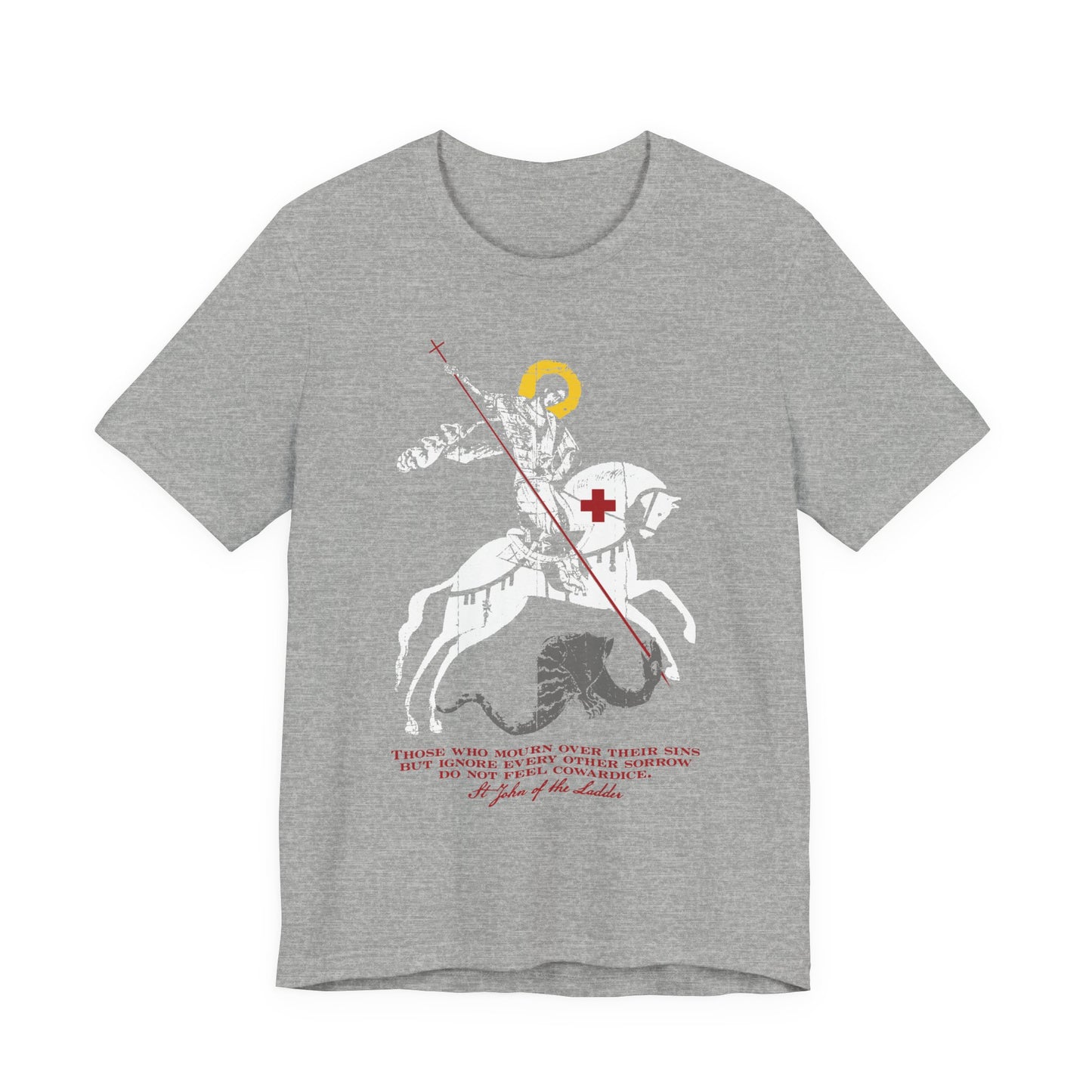 Athletic Heather t-shirt featuring an iconographic illustration of St George slaying the dragon, with a red cross and a quote in red text below inspired by St John Climacus on mourning over one’s sins.