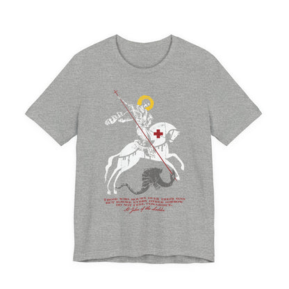 Athletic Heather t-shirt featuring an iconographic illustration of St George slaying the dragon, with a red cross and a quote in red text below inspired by St John Climacus on mourning over one’s sins.
