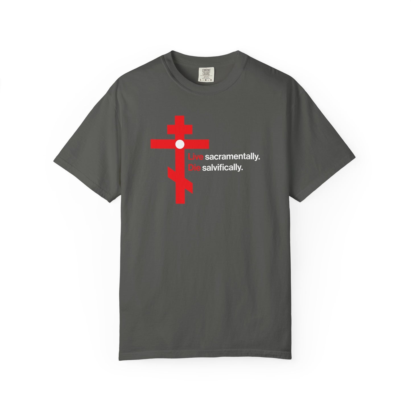 Live Sacramentally, Die Salvifically | Remember You Will Die | Memento Mori | Red Orthodox Cross White Circle | Heavyweight Cotton Unisex Tee
