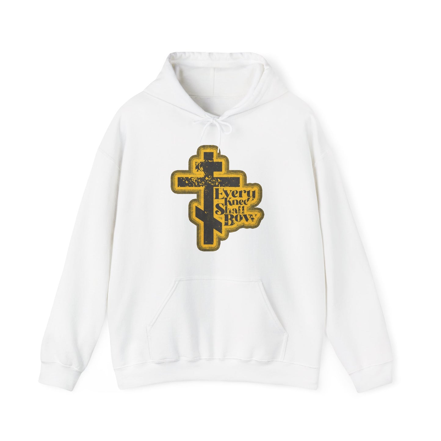 White hoodie with yellow and black cross and "Every Knee Shall Bow" text, inspired by Philippians 2:10-11 & Isaiah 45:23. Features a 70s distressed halftone comic book look. Orthodox Christian design.