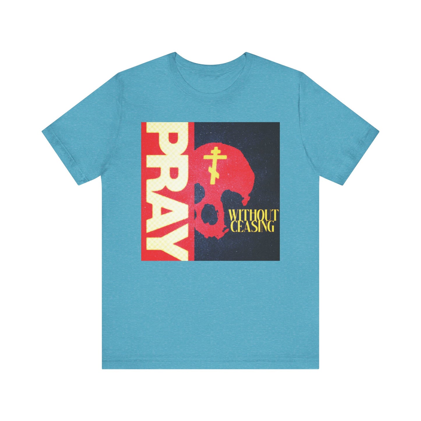 Pray Without Ceasing (1 Thess 5:16) | Red Skull w/ Yellow Orthodox Cross | Christian Lightweight Cotton Unisex T-Shirt