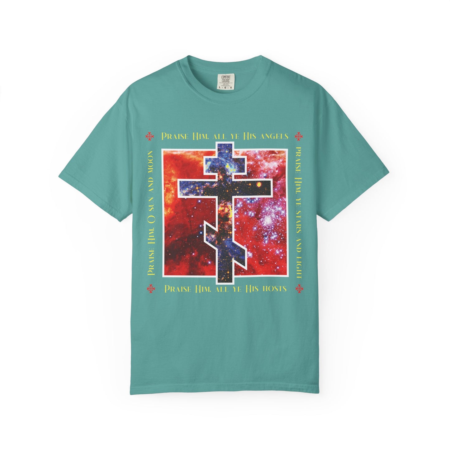 Praise Him All Ye His Angels, Praise Him Ye Stars and Light | Cosmic Orthodox Cross | Divine Council | Heavyweight Cotton Unisex Tee