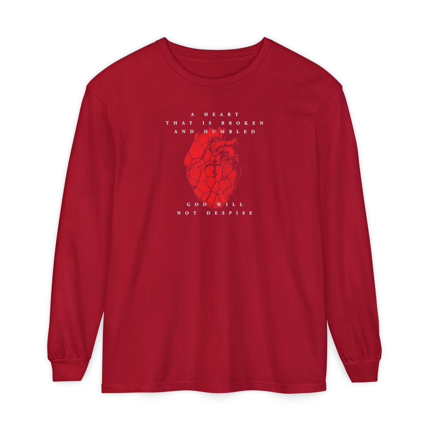 Red long-sleeve cotton shirt featuring a cracked heart with Orthodox cross design and "A Heart That is Broken and Humbled God Will Not Despise"—a Christian message of repentance and renewal.