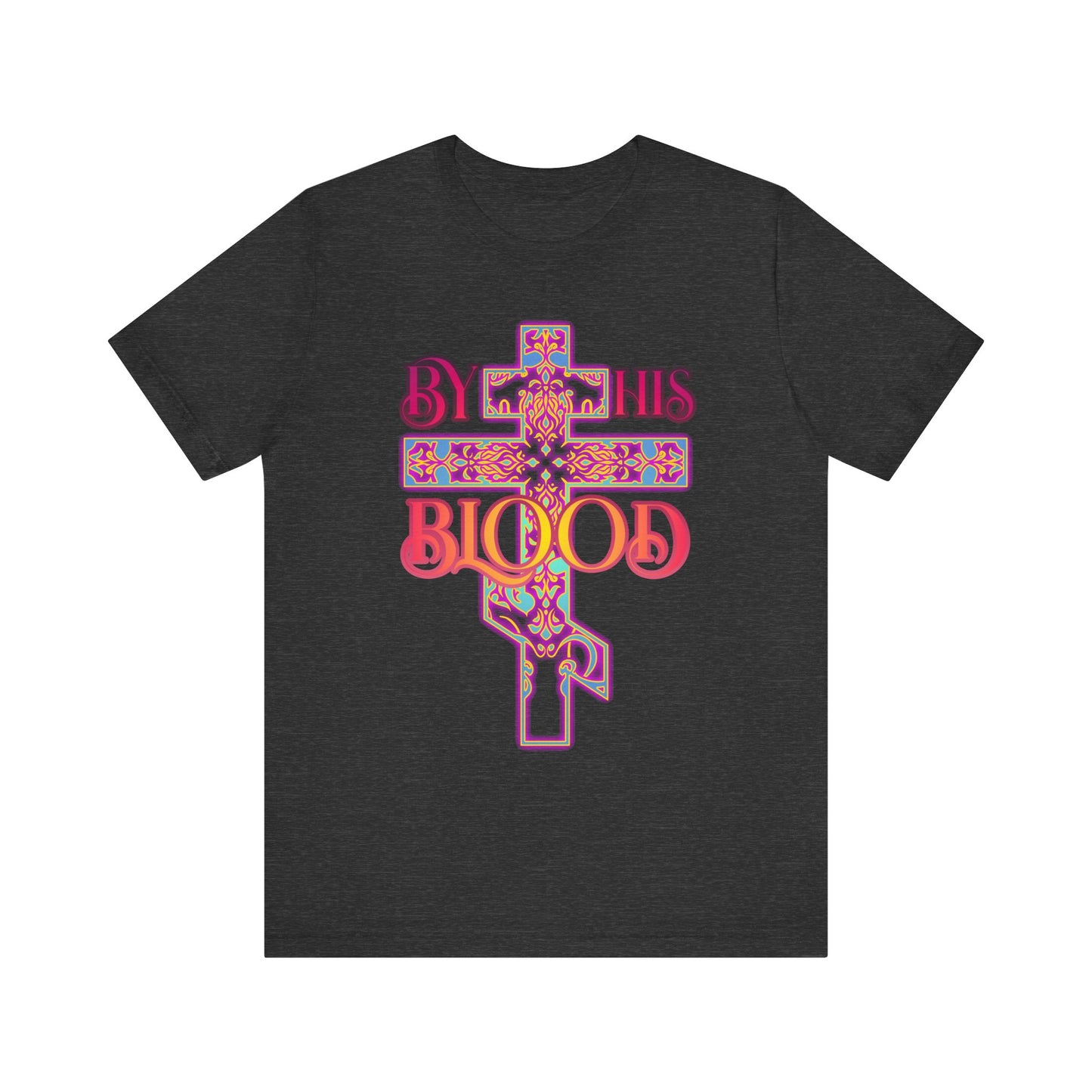 Dark Grey Heather unisex tee with a glowing ornate Orthodox cross and “By His Blood” in an 80s color scheme—a striking symbol of atonement and eternal redemption.