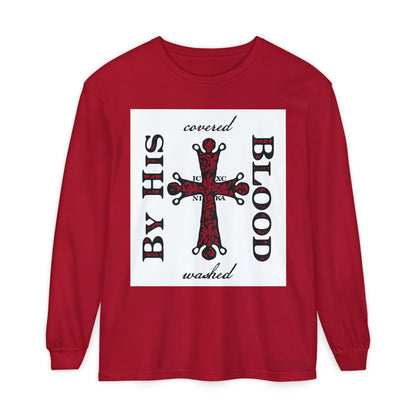 Washed/Covered By His Blood (1 John 1:7) | ICXC NIKA Ornate Red Orthodox Cross | Orthodox Christian Long Sleeve Shirt