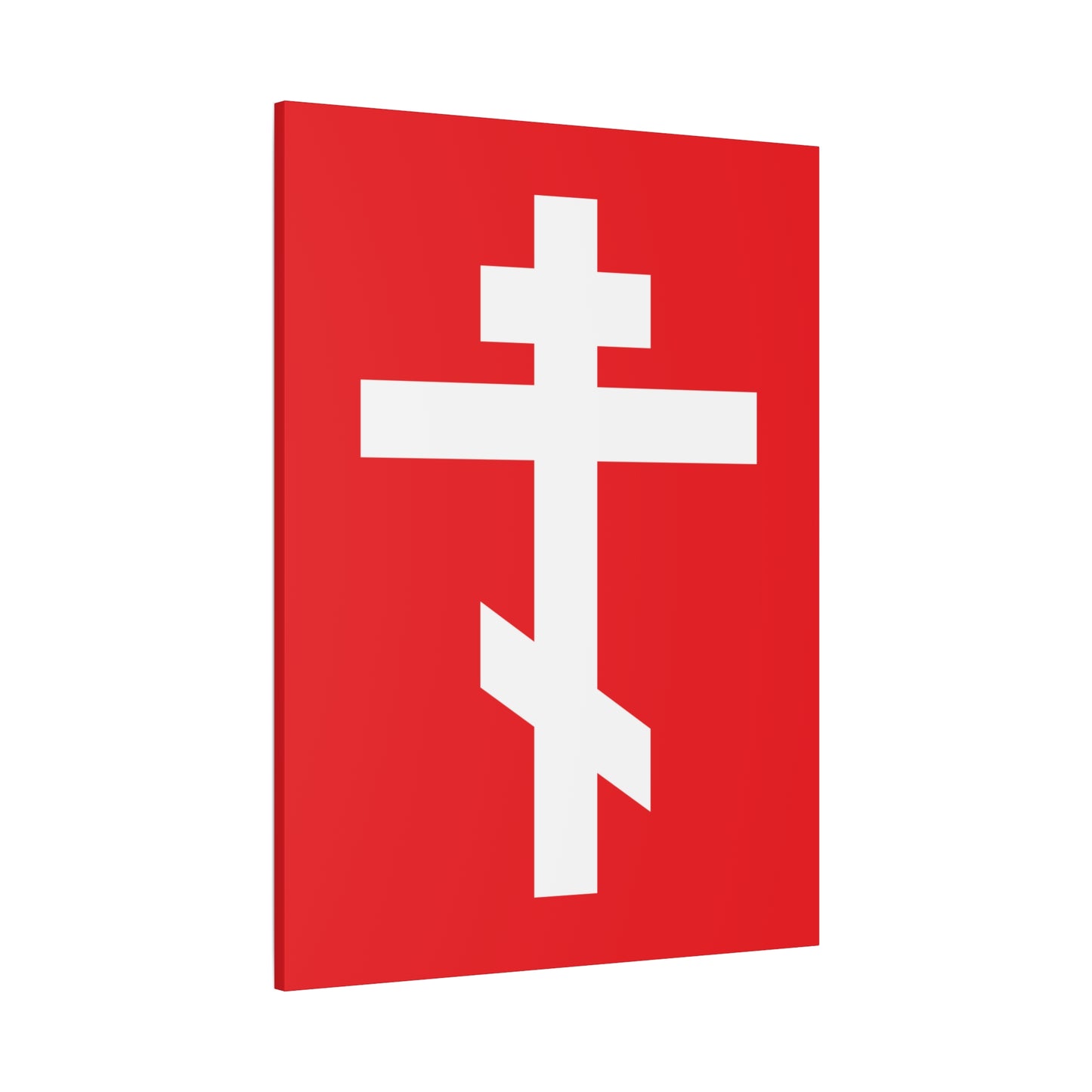 The "White Orthodox Cross Red Background" canvas art features a white Orthodox cross on red, with the verse "May I never boast, except in the cross of our Lord Jesus Christ" (Gal 6:14) – a striking piece of Orthodox decor.