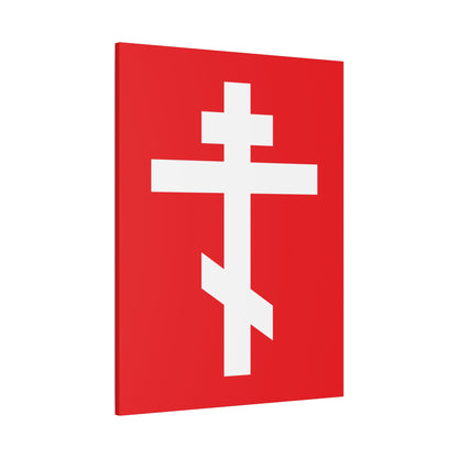The "White Orthodox Cross Red Background" canvas art features a white Orthodox cross on red, with the verse "May I never boast, except in the cross of our Lord Jesus Christ" (Gal 6:14) – a striking piece of Orthodox decor.