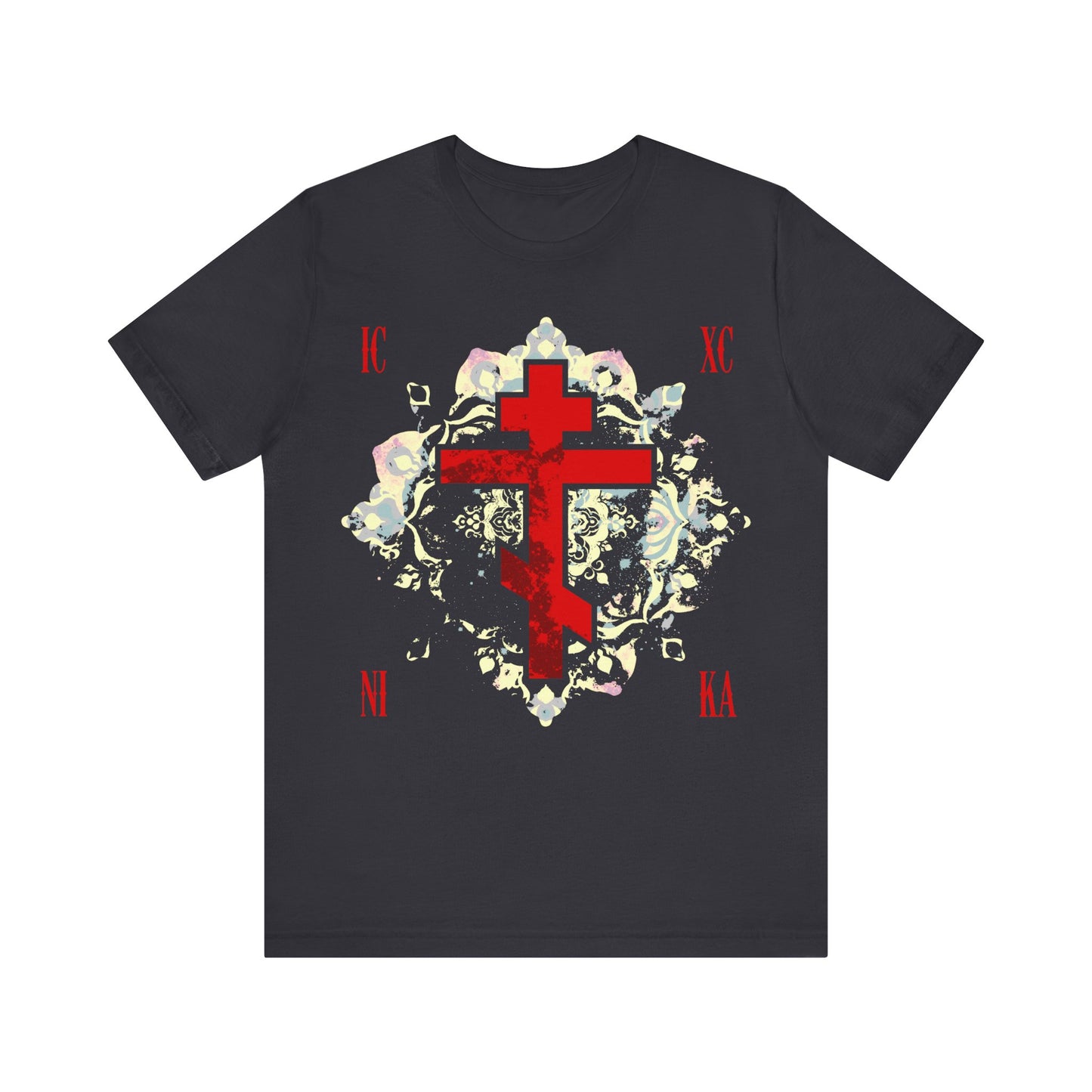 Dark grey cotton t-shirt featuring a textured red Orthodox cross with "ICXC NIKA" in Cyrillic and a medieval floral background—honoring St. John of Kronstadt and the victorious spirit of Orthodox Christianity.