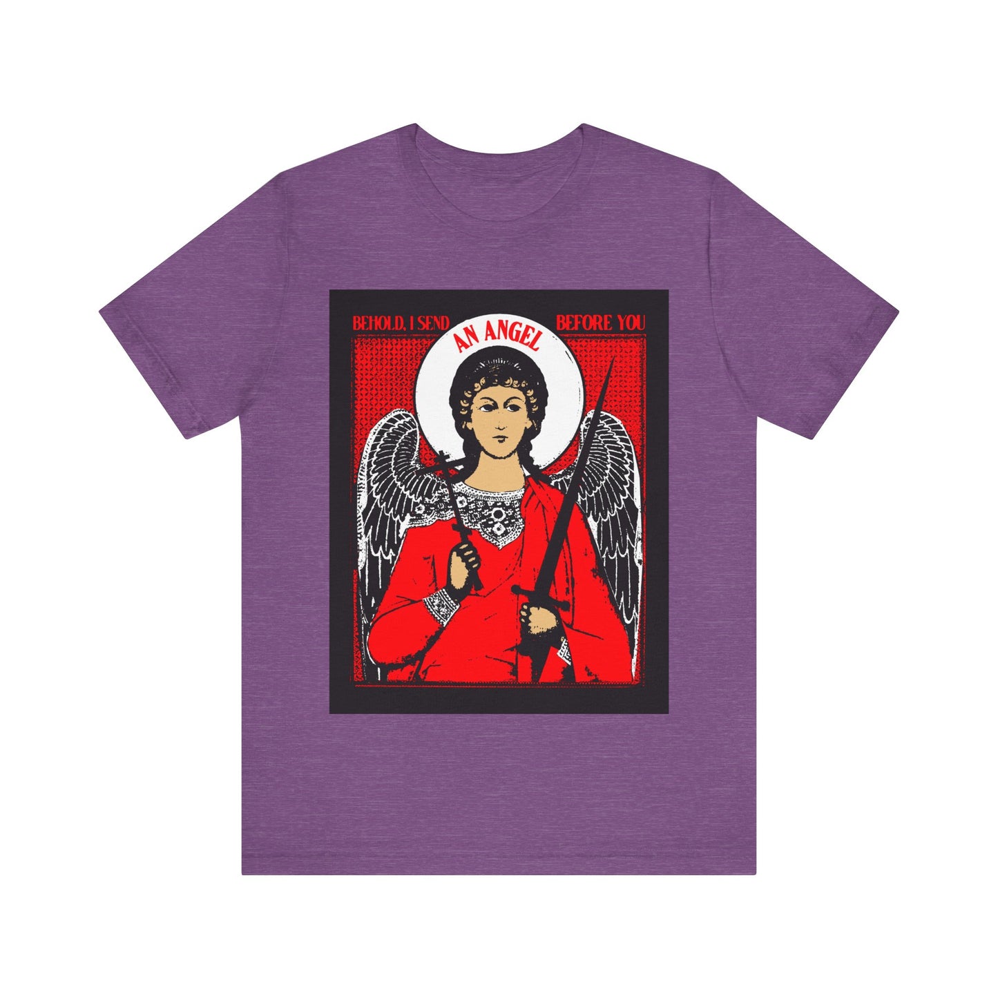 Behold, I Send an Angel Before You (Exodus 23:20) | Guardian Angel With Cross and Sword IconoGraphic | Orthodox Christian Cotton T-Shirt