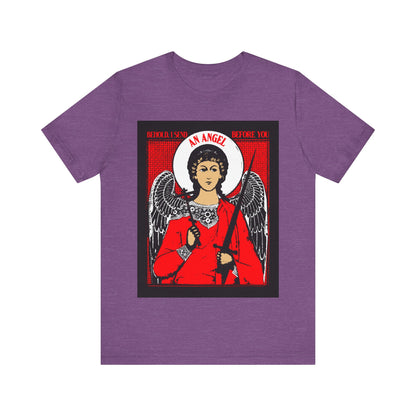 Behold, I Send an Angel Before You (Exodus 23:20) | Guardian Angel With Cross and Sword IconoGraphic | Orthodox Christian Cotton T-Shirt