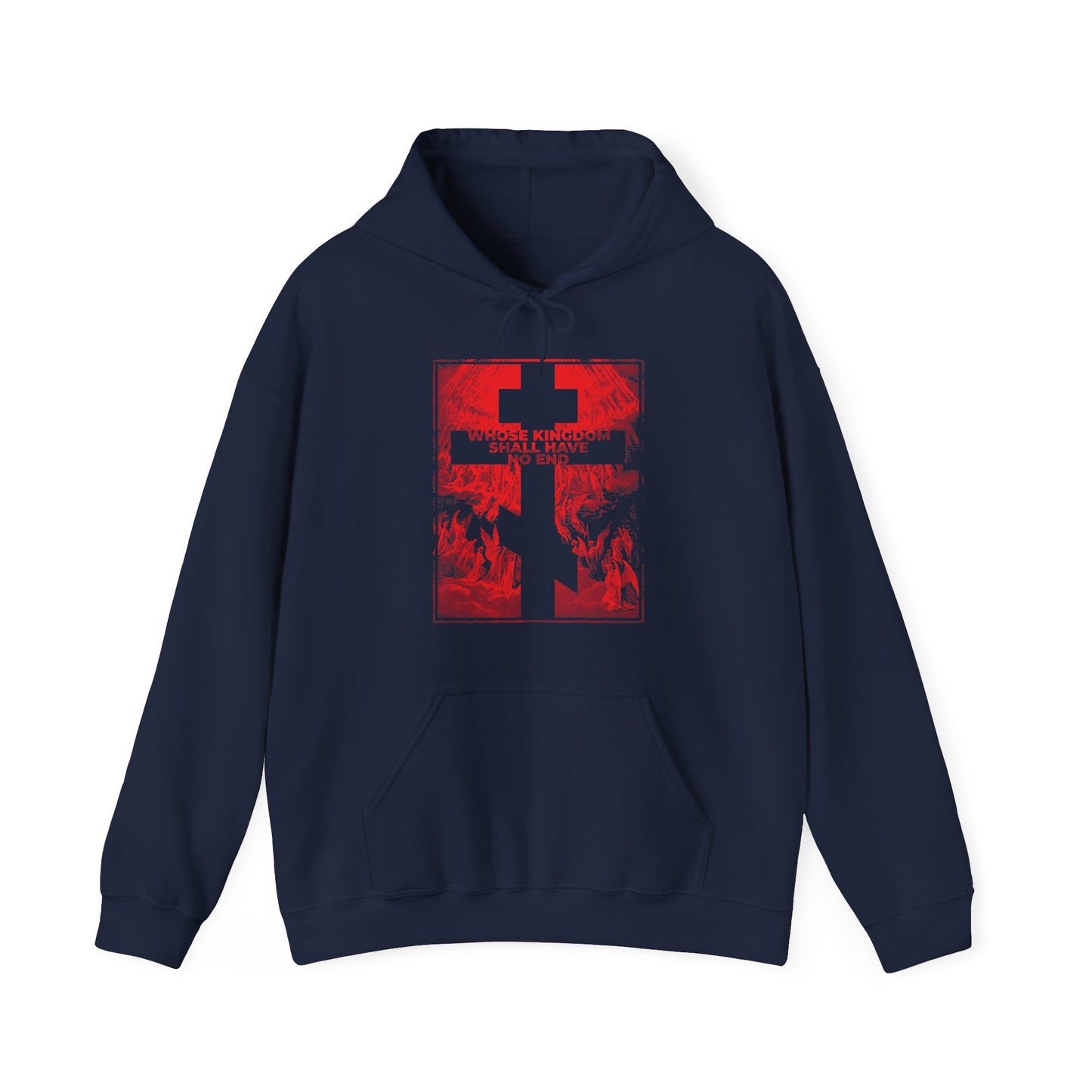 Navy "Whose Kingdom Shall Have No End" hoodie with red abstract design and text inspired by the Nicene Creed and Christian beliefs, featuring Gustave Dore etching.