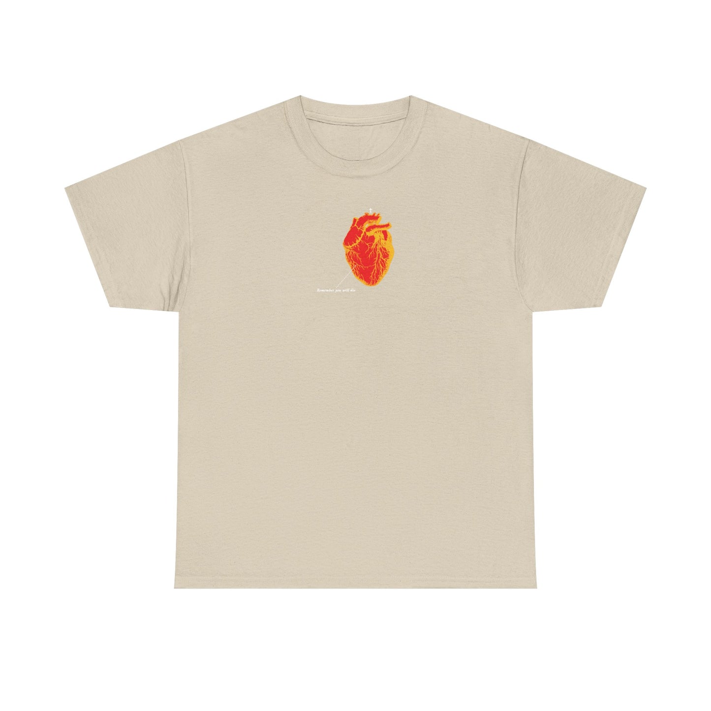 Sand-colored midweight unisex tee featuring a red and orange antique medical heart design, inspired by Christian themes of memento mori and the connection between soul and afterlife.