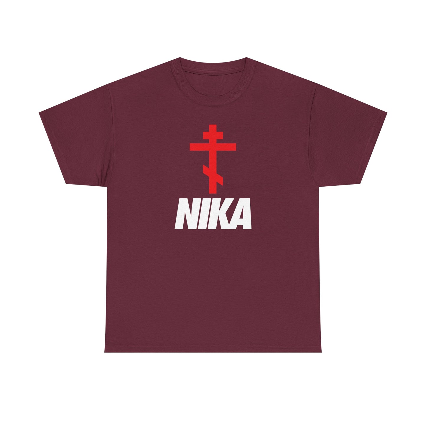 Maroon heavy cotton t-shirt with a minimalist Orthodox cross and bold white NIKA text, inspired by the NIKE logo mashup. Athletic ascetic fashion for Christians.