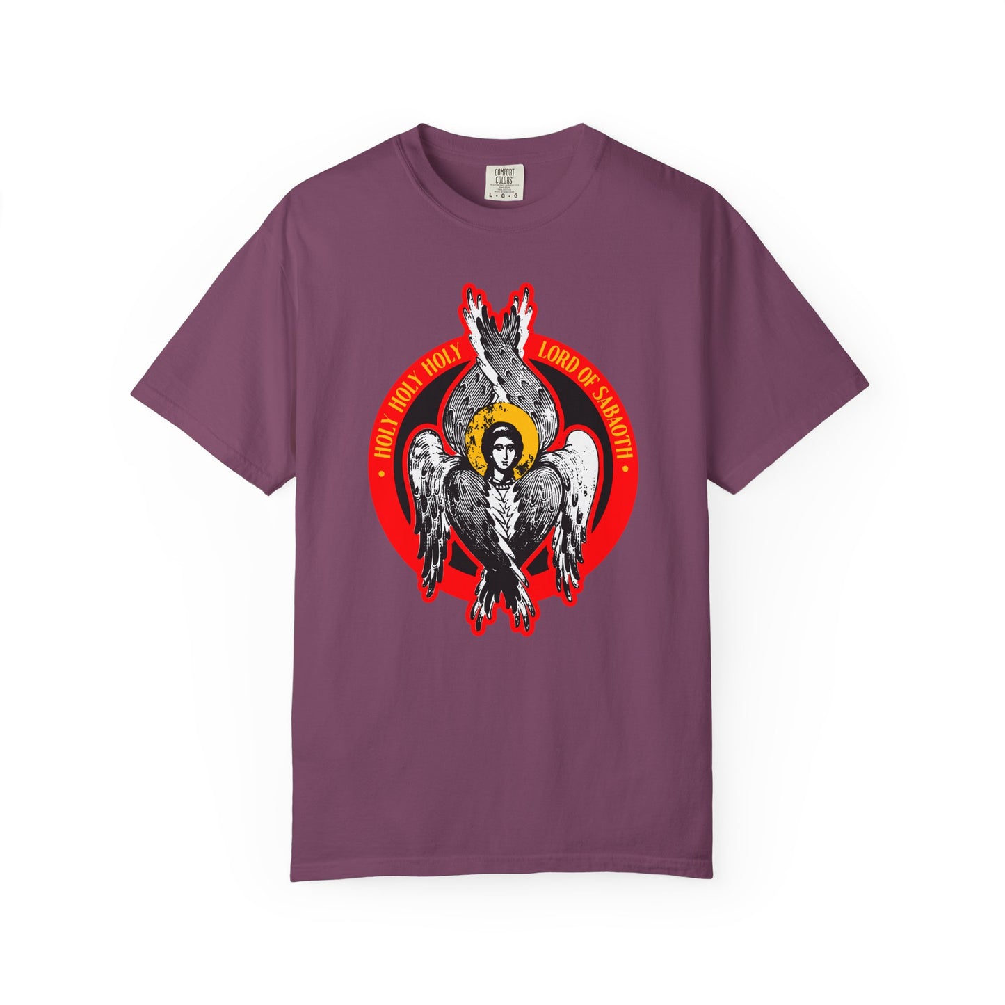 Berry heavyweight cotton tee featuring a seraphim angel icon and "Holy Holy Holy, Lord of Sabaoth" text in bold red and yellow, inspired by Isaiah 6. Unisex fit.