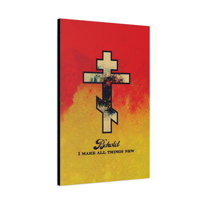 Behold, I Make All Things New (Revelation 21:5) | Cosmic Orthodox Cross on Red and Yellow Background | Orthodox Christian Canvas Art