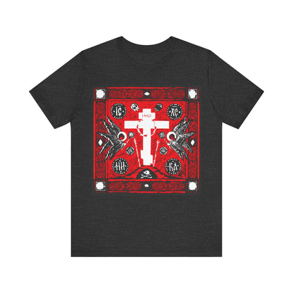 Adoration of Holy Cross IconoGraphic | Striking Red, White, & Black Russian Cross Design w/ Angels  | Orthodox Christian T-Shirt