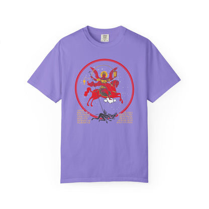 Violet “Archangel Michael of the Apocalypse Iconographic / Death is Swallowed Up In Victory” DOUBLE-SIDED Orthodox unisex tee, crafted from heavyweight cotton and featuring a vibrant graphic of Archangel Michael slaying a dragon—an eye-catching tribute to Revelation 12 and the Miracle of Archangel Michael.