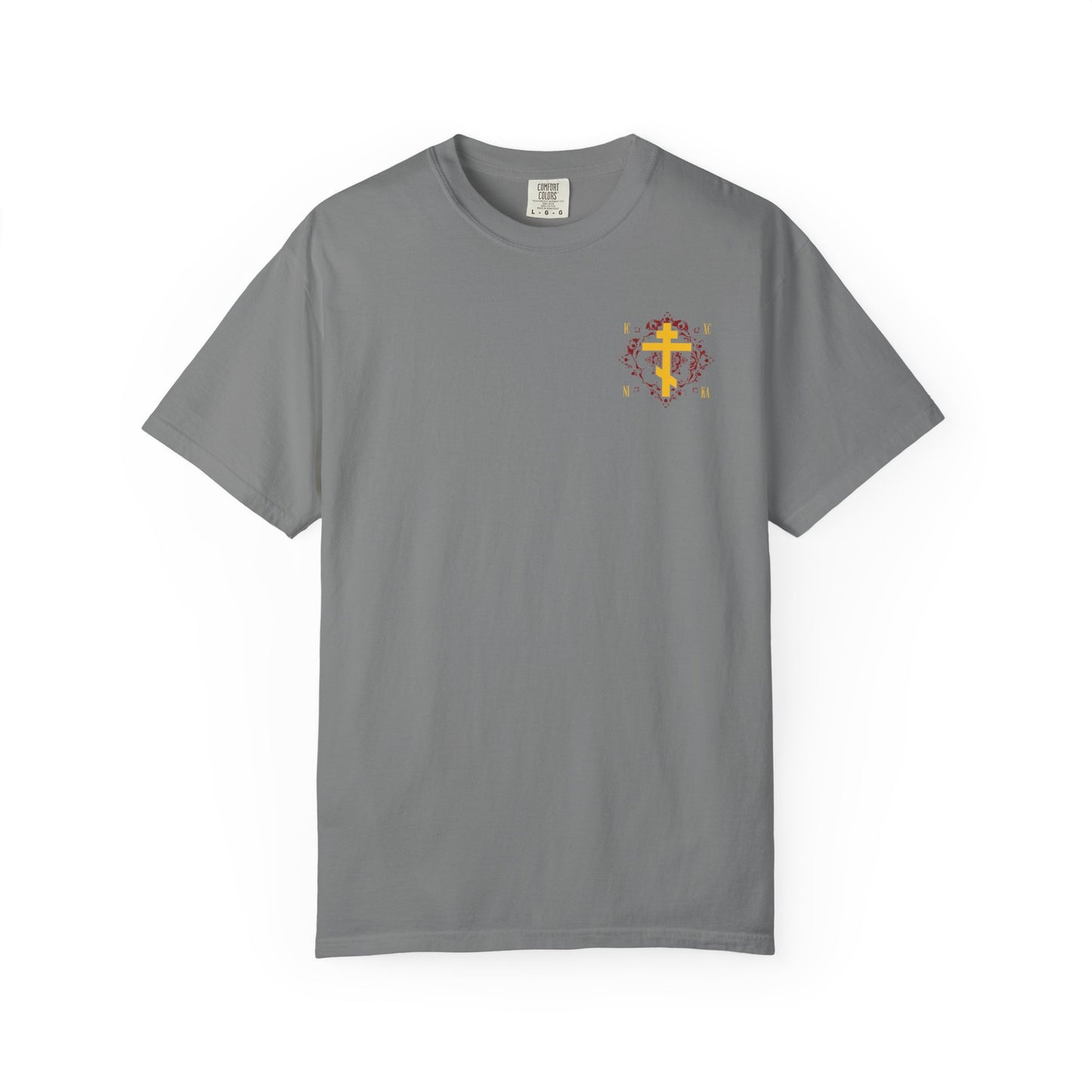 Grey heavyweight cotton unisex t-shirt featuring a small ICXC NIKA yellow Orthodox Cross on an ornate red background design on the upper left chest.