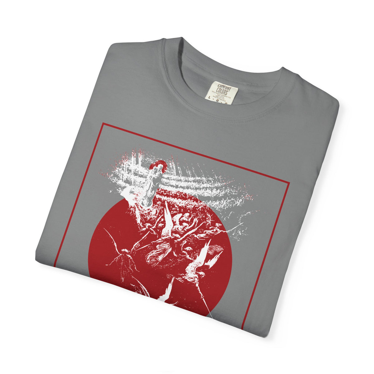 Grey Infinite Benevolence Will Seem Menacing to the Unrepentant t-shirt with a red circle and Gustave Doré etching.