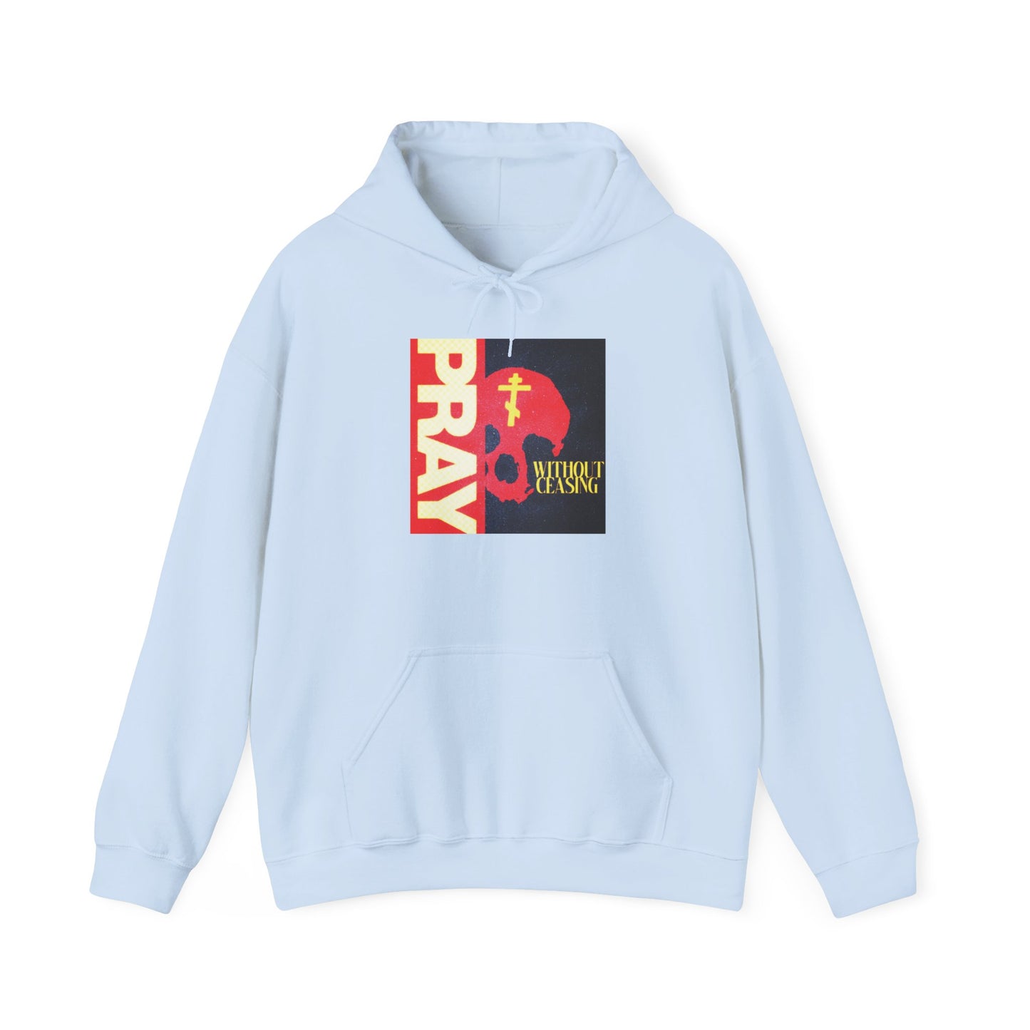 Pray Without Ceasing (1 Thess 5:16) | Red Skull w/ Yellow Orthodox Cross | Orthodox Christian Hoodie / Hooded Sweatshirt