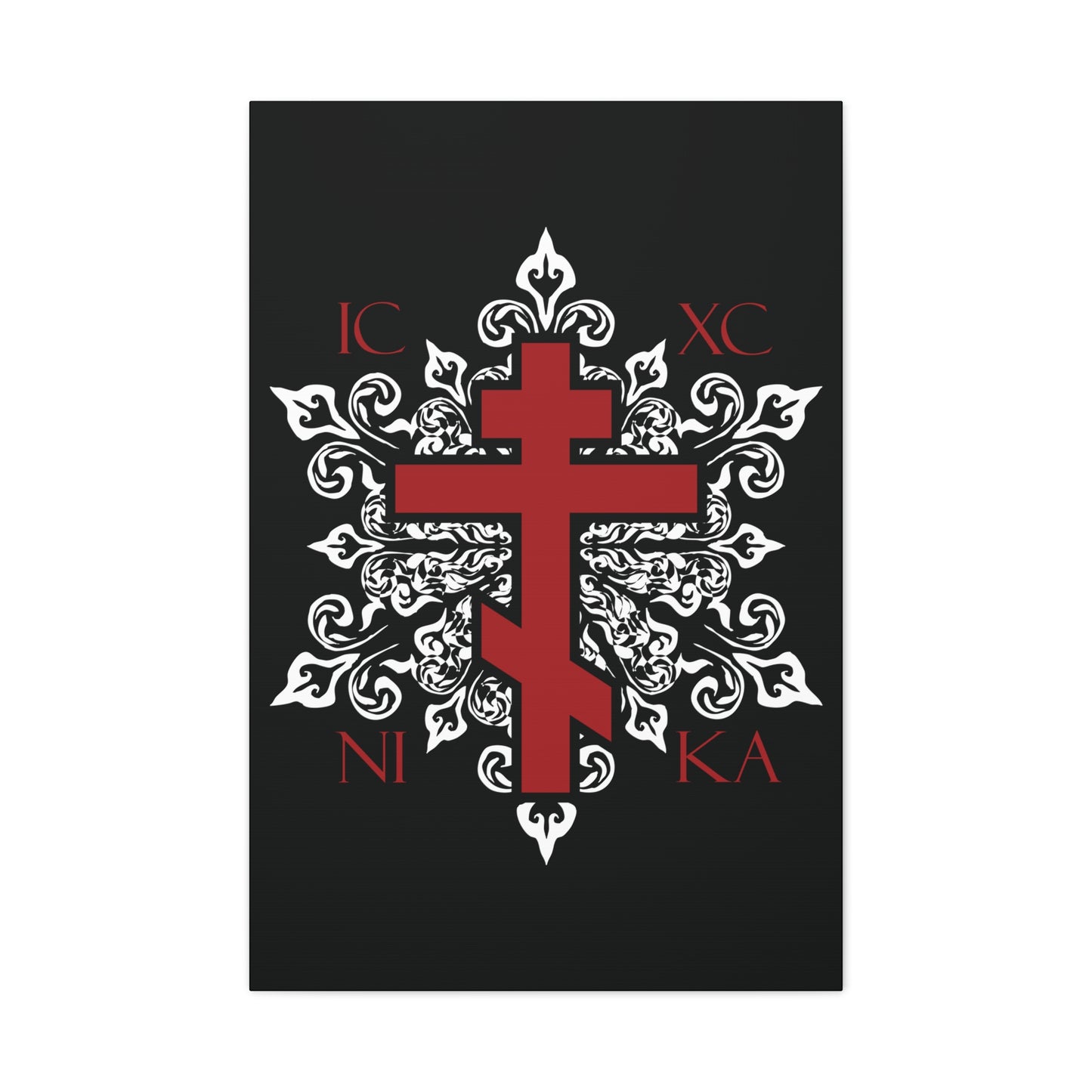 ICXC / NIKA Red Orthodox Cross on Ornate White Medieval Floral Design | Exclusive Best-Selling | Orthodox Christian Canvas Art