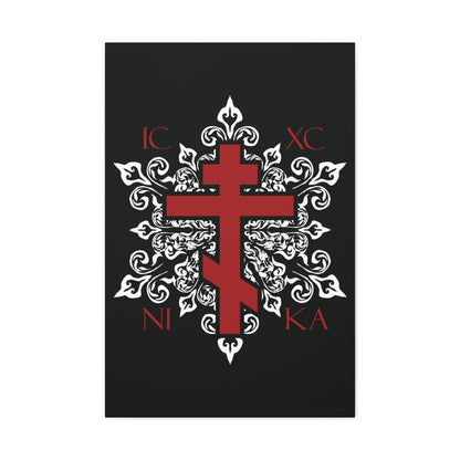 ICXC / NIKA Red Orthodox Cross on Ornate White Medieval Floral Design | Exclusive Best-Selling | Orthodox Christian Canvas Art