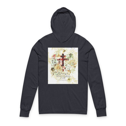 Preparing For Death | White & Beige Floral Scrapbook Texture Cross | Arts & Crafts Style | St Irenaeus | Orthodox Long Sleeve Hooded Shirt