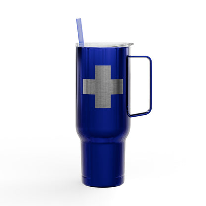 Minimalist Cross Engraved 40oz Koozie Tumbler in blue, featuring a silver cross on the front, handle, clear lid, and matching blue straw—an insulated stainless steel accessory that makes a thoughtful gift for Orthodox Christians, especially perfect for the Exaltation of the Cross.