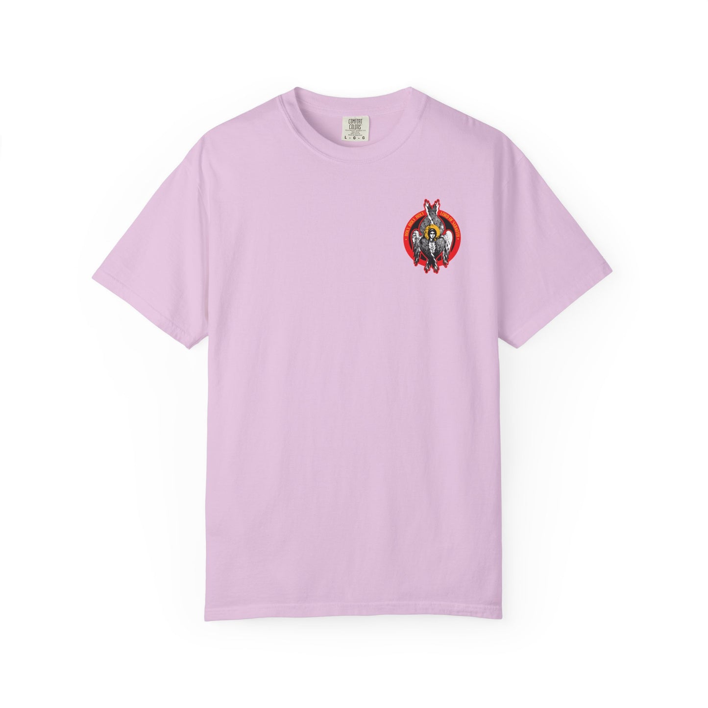 Orchid heavyweight cotton unisex tee featuring the small “Holy Holy Holy Seraphim Angel Icono-Graphic”—a design inspired by the Heavenly Hosts of God and Orthodox tradition, symbolizing spiritual purity.