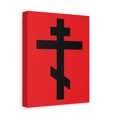 The "Black Orthodox Cross Red Background" canvas art features a black Orthodox cross on a red background with the Galatians 6:14 quote: "May I never boast, except in the cross of our Lord Jesus Christ.