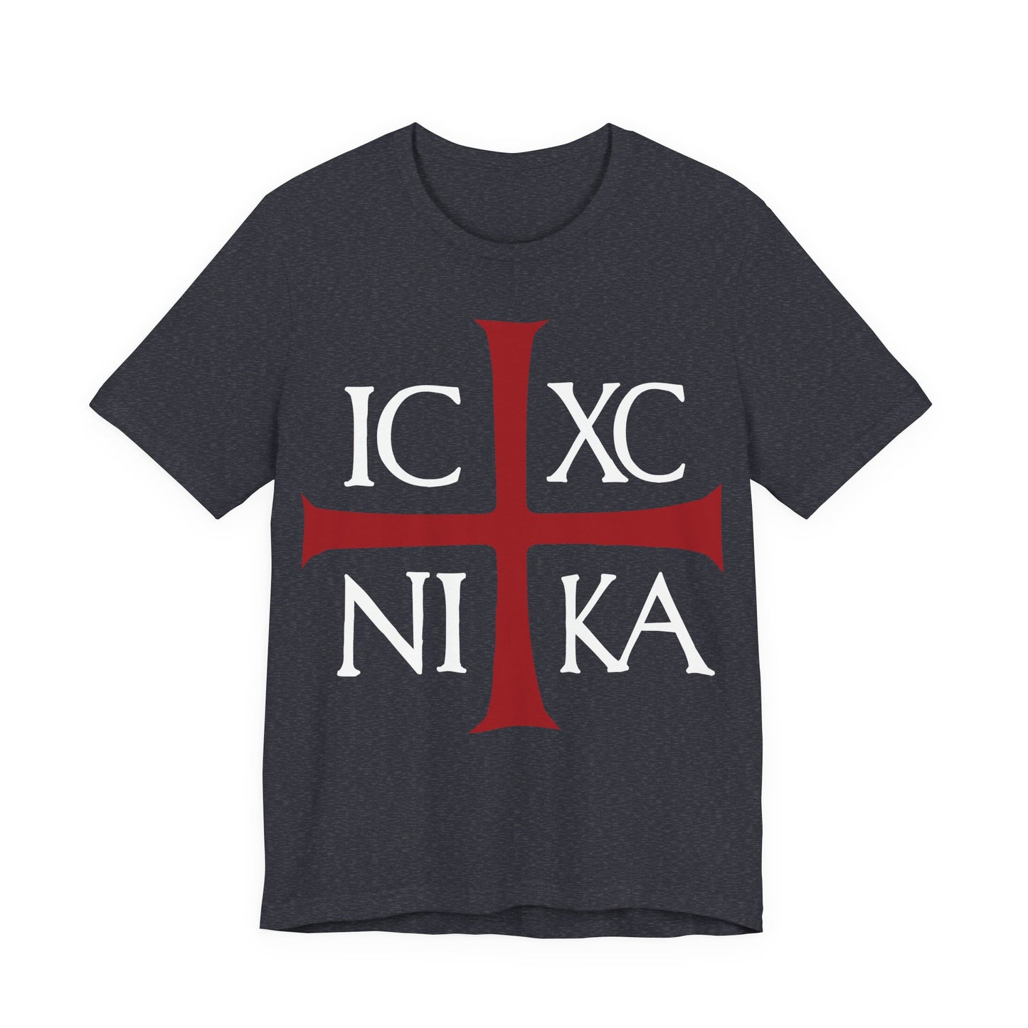 Heather Navy T-shirt with a red cross and white "ICXC NIKA"—the ancient Byzantine Christogram meaning "Jesus Christ Conquers"—a bold Orthodox Christian reminder that we are more than conquerors (Romans 8:31-39).