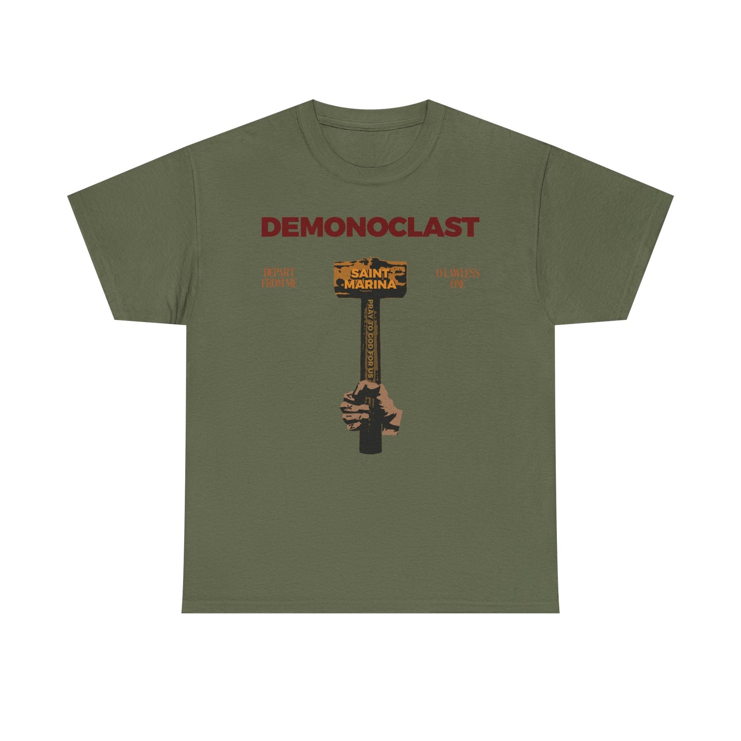Military green unisex tee featuring 'DEMONOCLAST' and a St. Marina’s hammer design, inspired by Orthodox themes of martyrdom, unseen warfare, and the victory of Christ. Midweight cotton.