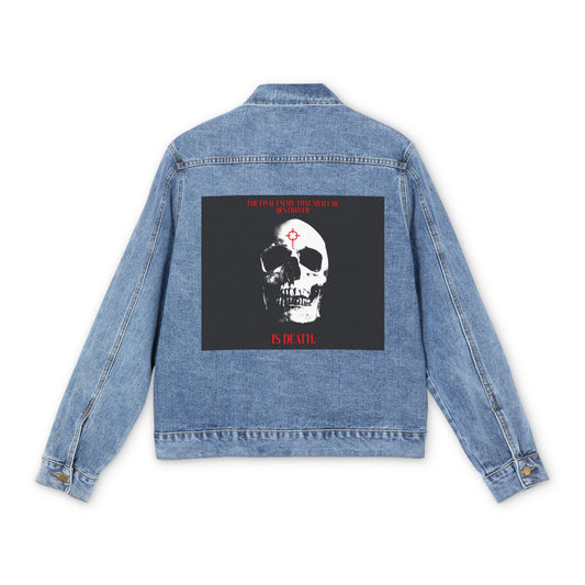 The Final Enemy That Shall Be Destroyed (1 Cor 15:26) | Skull in Crosshairs | Gothic Style Orthodox Christian Blue Denim Jacket