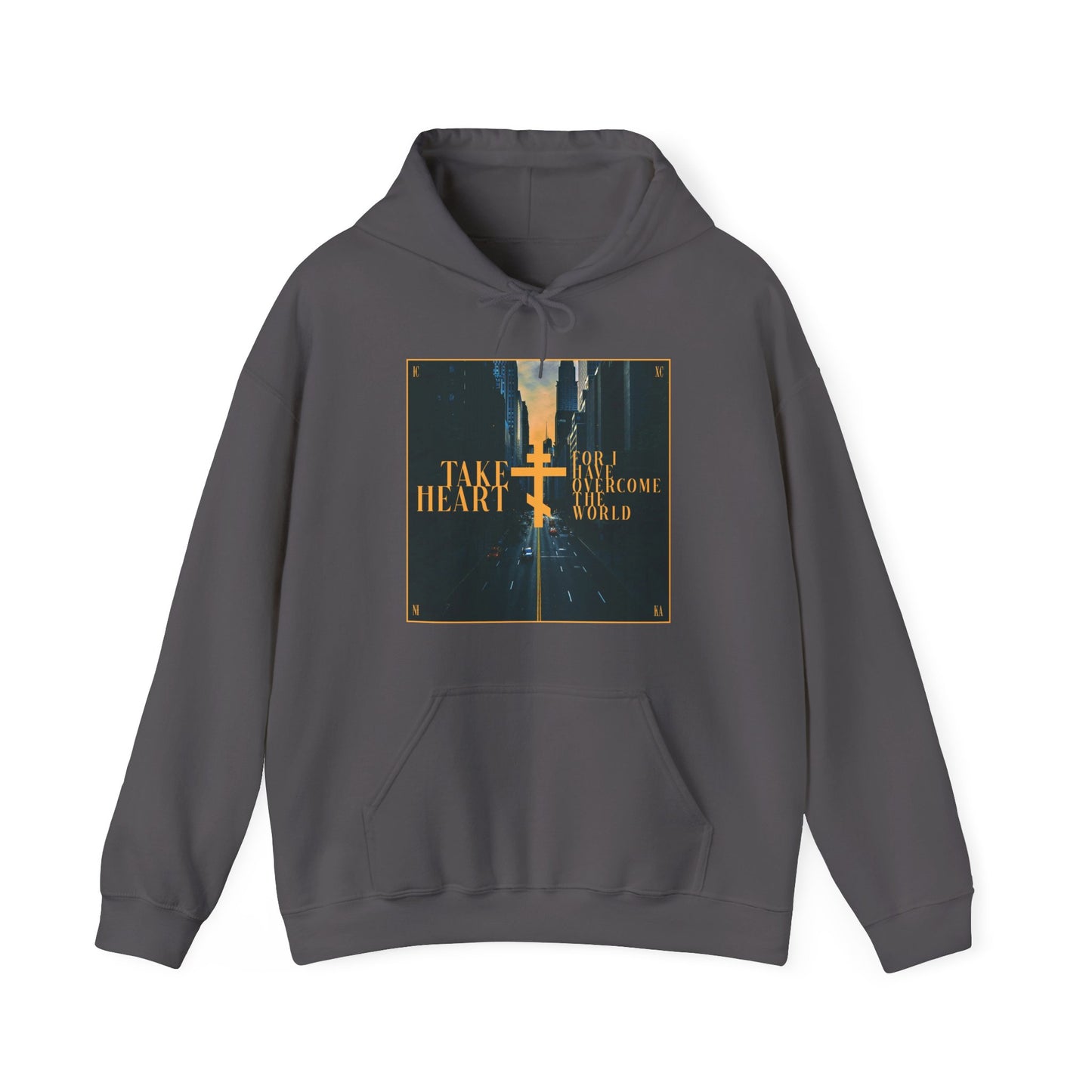 Charcoal “Take Heart, For I Have Overcome the World” (John 16:33) hoodie with a modern city street scene graphic, bringing comfort and hope through Orthodox Christian design.