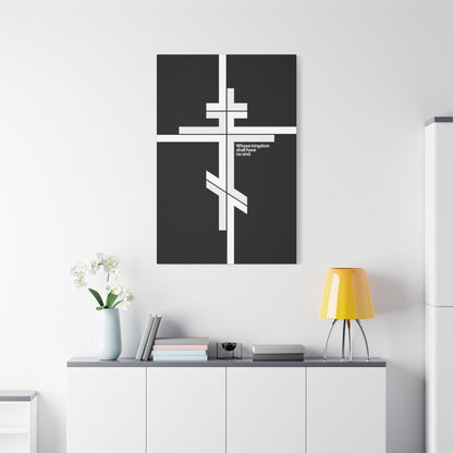 A minimalist room featuring a white cabinet, yellow lamp, blue vase, and "Whose Kingdom Shall Have No End" Orthodox Cross Christian canvas art—evoking Christ’s eternal kingdom through serene simplicity.