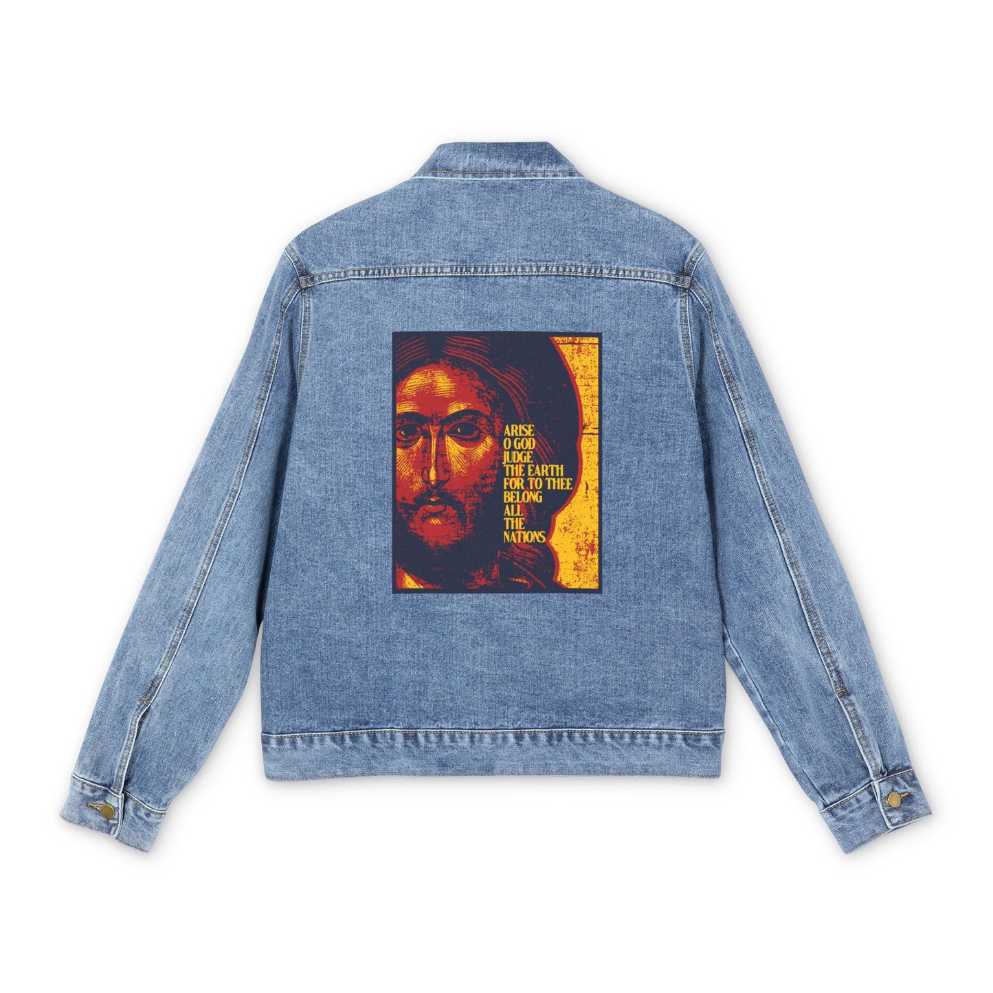 Arise, O God, Judge the Earth (Psalm 82/81) | Jesus Christ Russian Style IconoGraphic | Orthodox Christian Custom Blue Denim Jacket