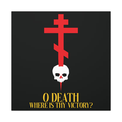 O Death Where is Thy Victory? (1 Corinthians 15:55) | Cross Stabbing Skull | Yellow Text | Orthodox Christian Canvas Art