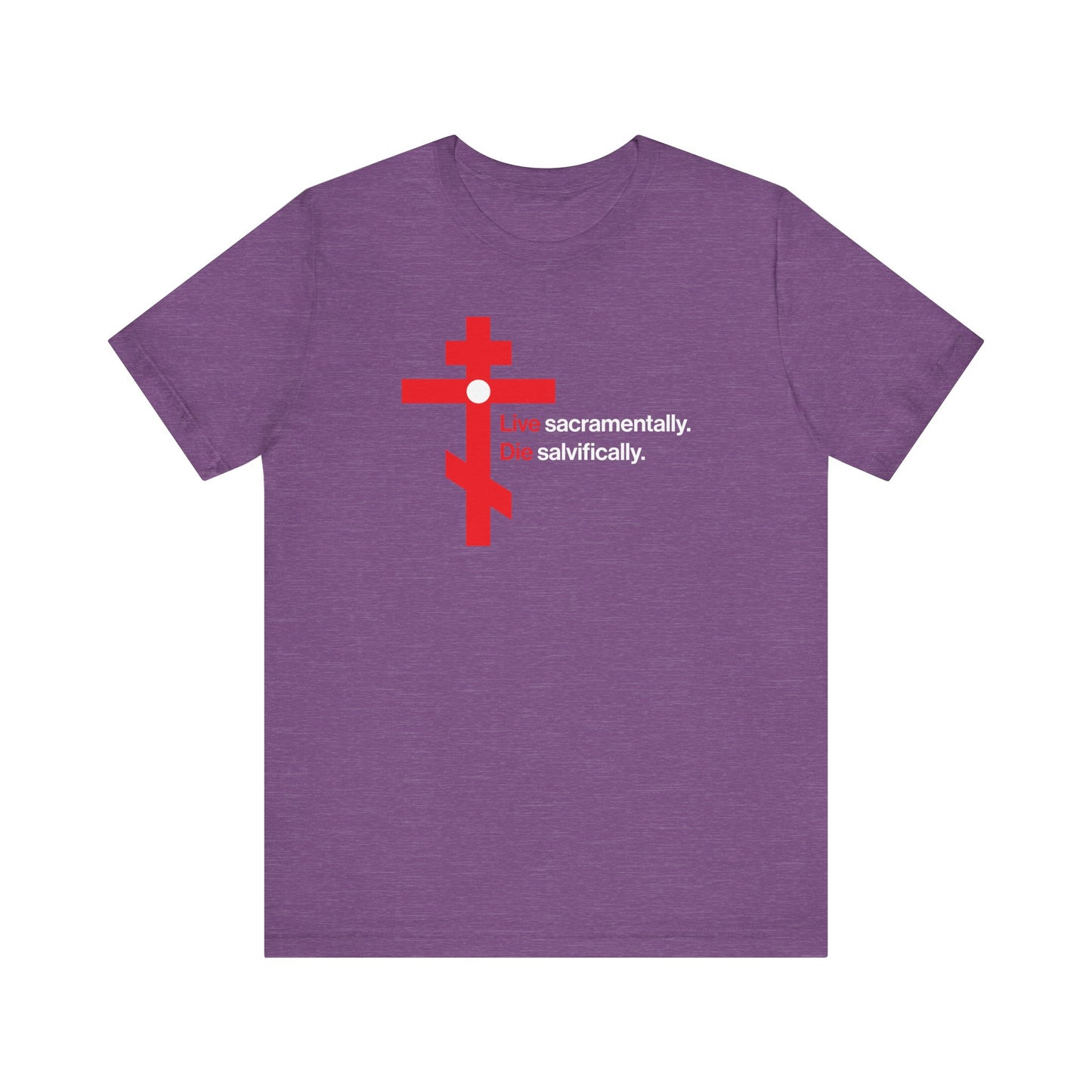 Live Sacramentally, Die Salvifically | Remember You Will Die | Memento Mori | Red Orthodox Cross White Circle | Lightweight Cotton Unisex Tee