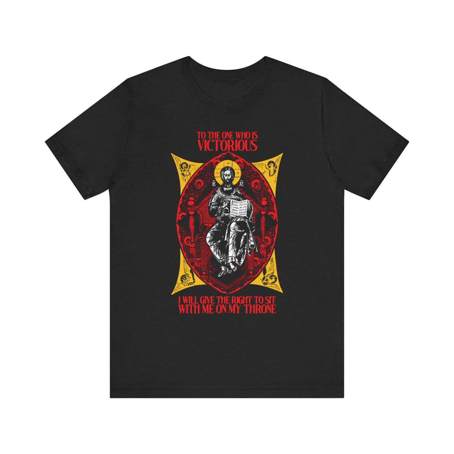 Black Heather unisex tee: “Christ is King, Enthroned in Glory IconoGraphic.” Features crowned figure on a throne with bold red/yellow text and Rev 3:21—"To the One Who Is Victorious." Orthodox Christian lightweight cotton.