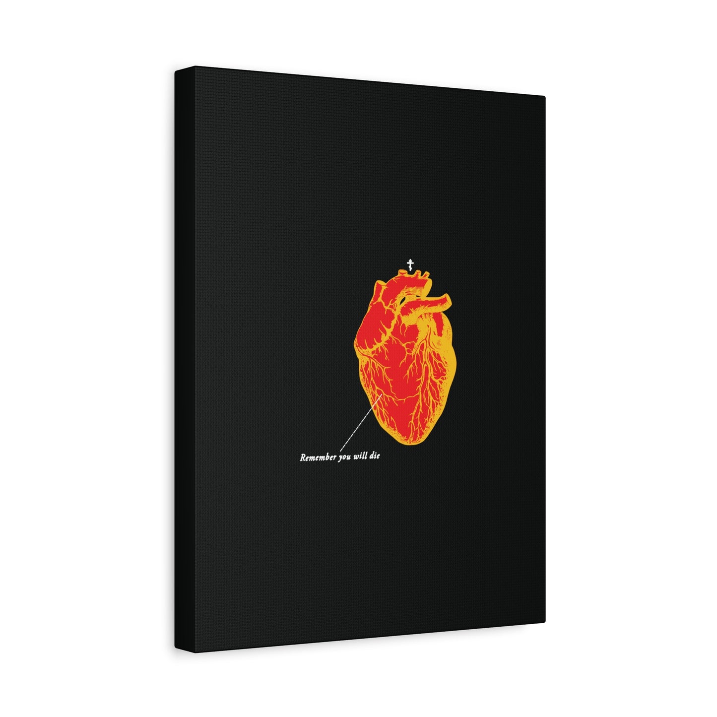 The "Remember You Will Die Retro Medical Textbook Heart Design" canvas features an inverted red & orange anatomical heart and Memento Mori Orthodox Christian art on a black background, reflecting themes of mortality and the soul.
