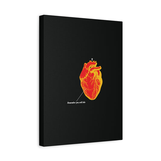The "Remember You Will Die Retro Medical Textbook Heart Design" canvas features an inverted red & orange anatomical heart and Memento Mori Orthodox Christian art on a black background, reflecting themes of mortality and the soul.