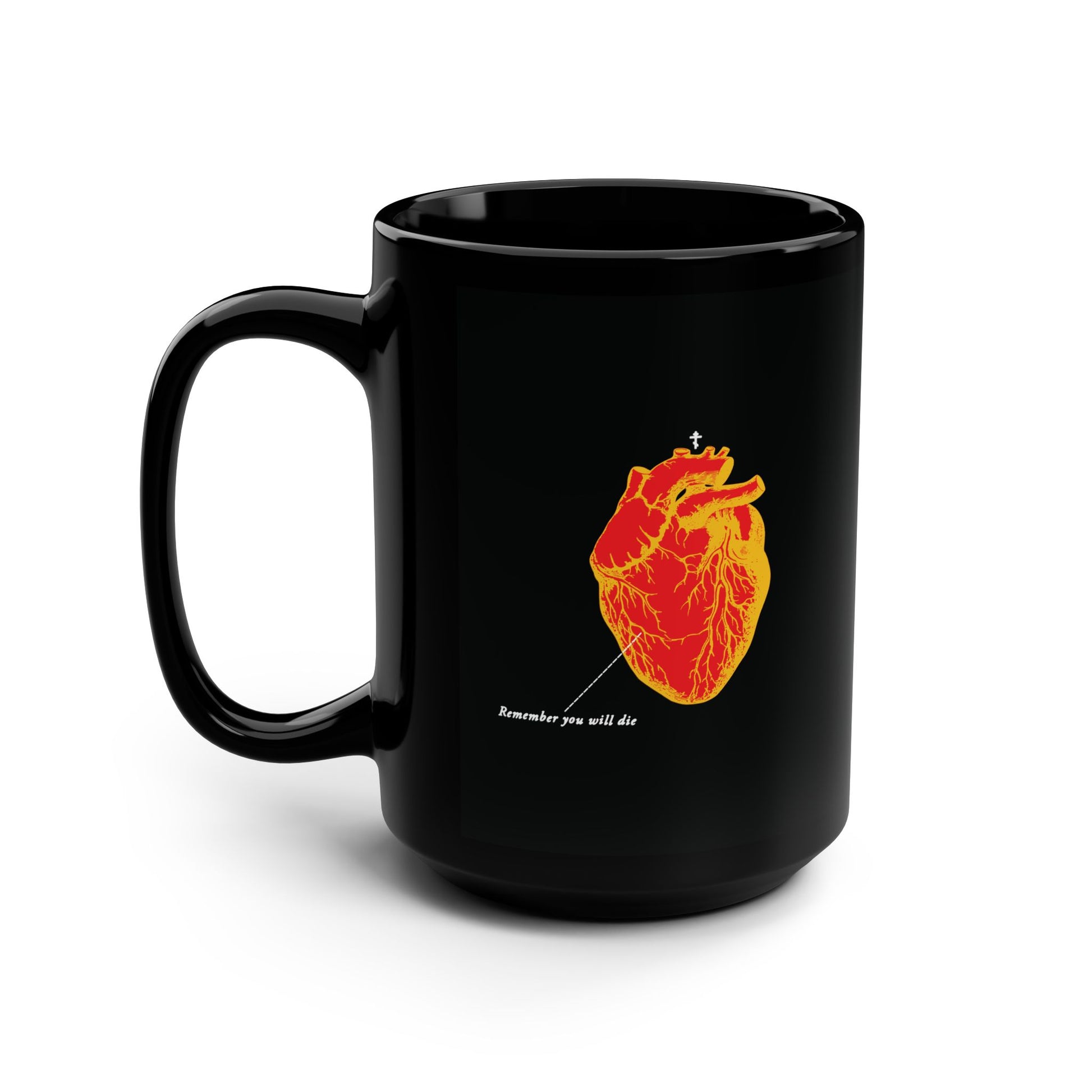 Black mug with “Remember You Will Die” retro medical heart design in inverted red & orange, inspired by memento mori and Orthodox Christianity.