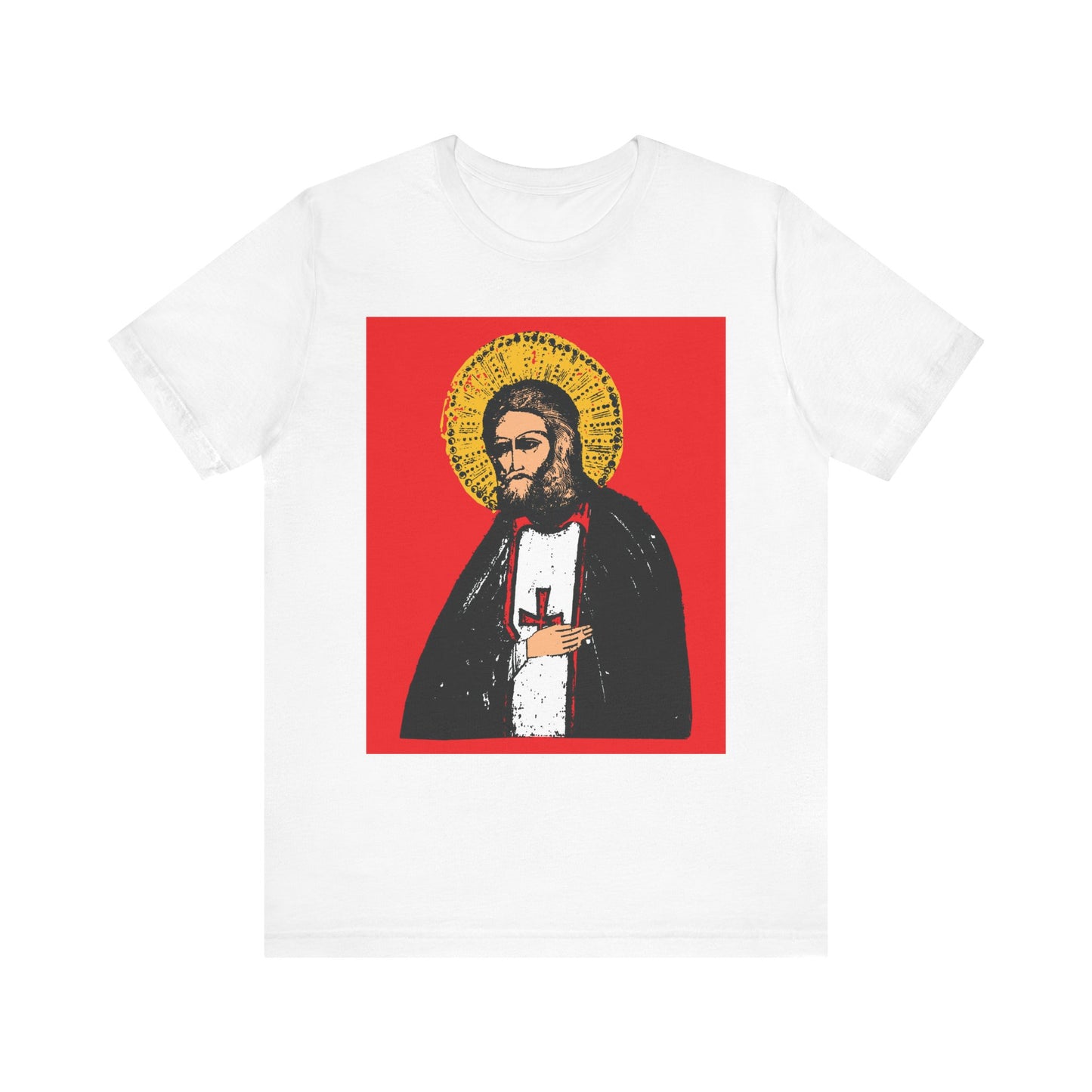 White cotton unisex tee featuring St. Seraphim of Sarov iconography: a saint with golden halo on red, symbolizing acquiring the Holy Spirit—the true aim of Christian life. 2-sided Orthodox design.