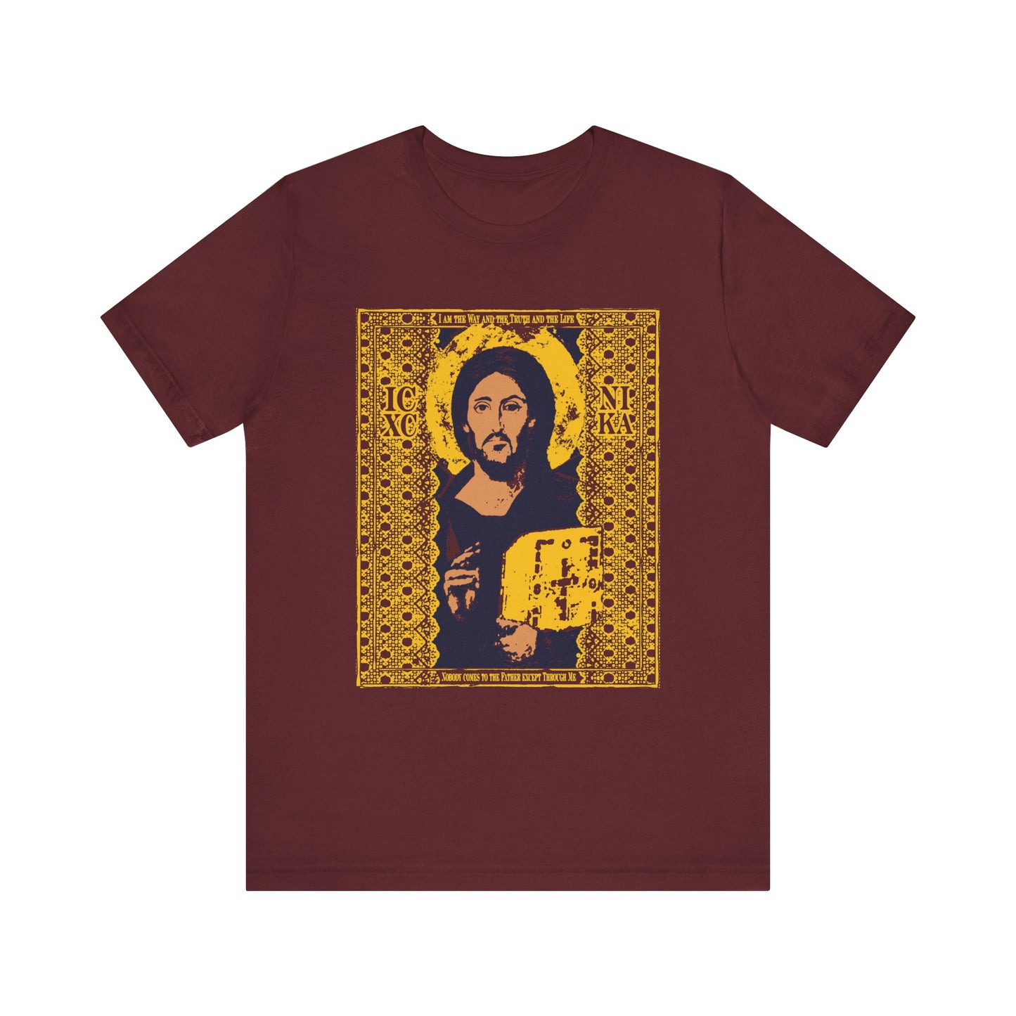 Maroon Orthodox Lightweight Cotton Unisex Tee featuring the Sinai Pantocrator IconoGraphic of Jesus Christ (ICXC NIKA) with ornate gold and dark blue patterns, inspired by John 14:6: "I am the Way, the Truth, and the Life.