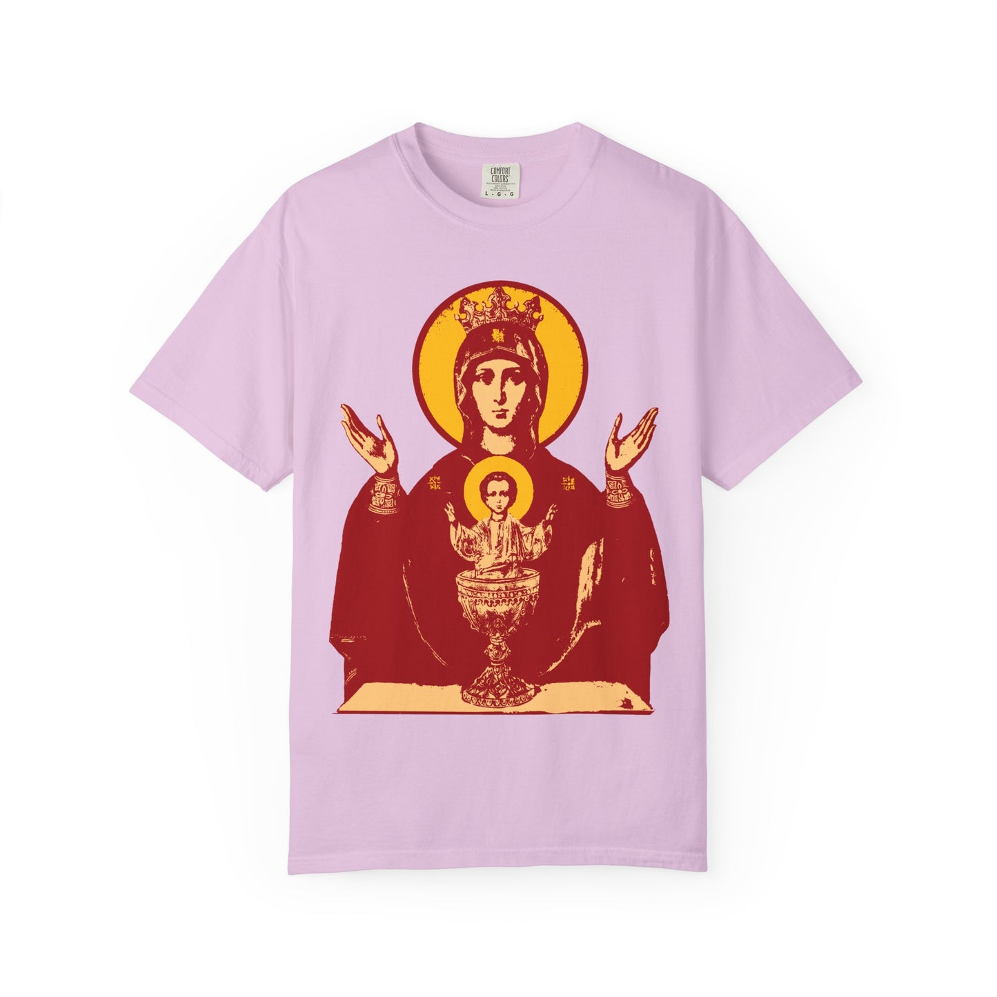 Orchid-colored heavyweight cotton unisex T-shirt featuring a red and yellow religious icon-style graphic of the Holy Theotokos, depicted as the Deliverer from Addictions in the traditional Inexhaustible Chalice motif.