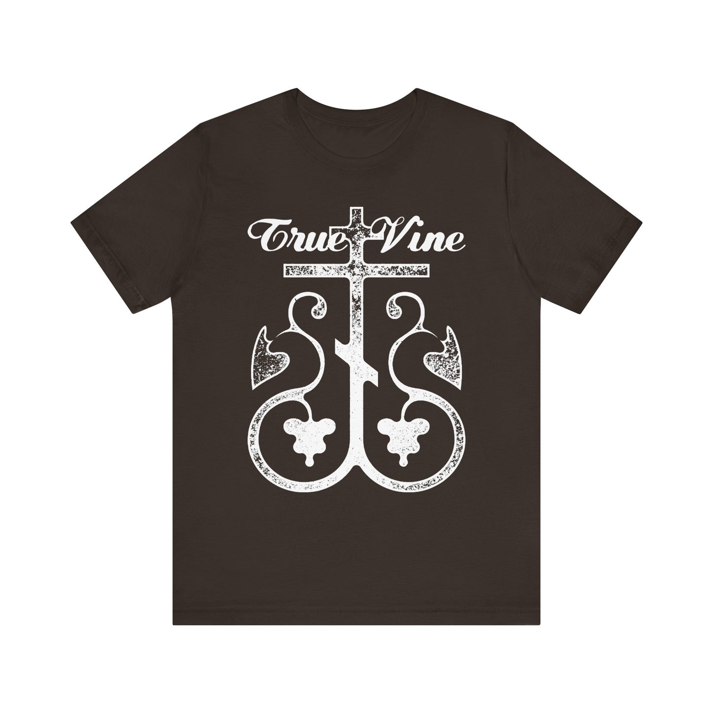 Brown lightweight cotton unisex t-shirt featuring photocopy-effect “I Am the True Vine” text, an Orthodox cross, and grape vine graphics inspired by John 15 and Ezekiel 15.