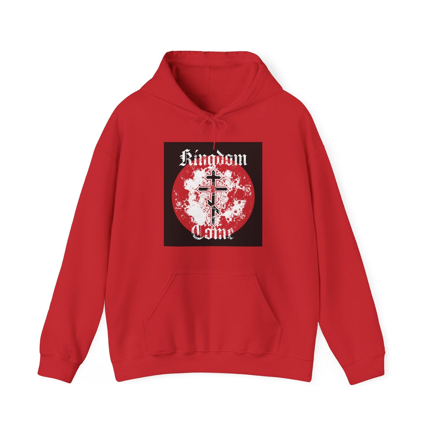 Red “Kingdom Come” hoodie featuring an Orthodox cross with vine graphic and textured gothic font, inspired by the Lord’s Prayer. Color: Red.