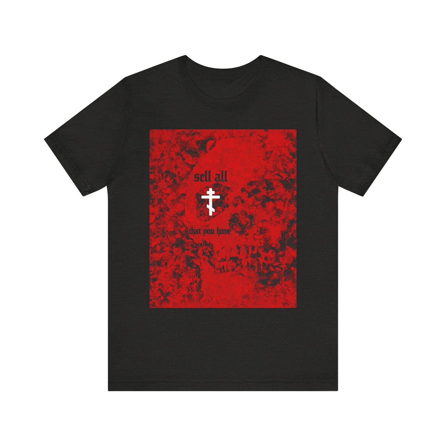Sure! Here is a rewritten sentence using your product data: Black Heather unisex cotton t-shirt featuring a striking red halftone skull, a white Orthodox cross, and the phrase "sell all that you have" on the front—a bold Christian statement inspired by Matthew 19:21 about pursuing eternal life through faith.